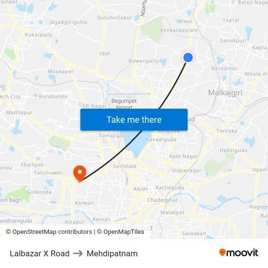 Lalbazar X Road to Mehdipatnam map