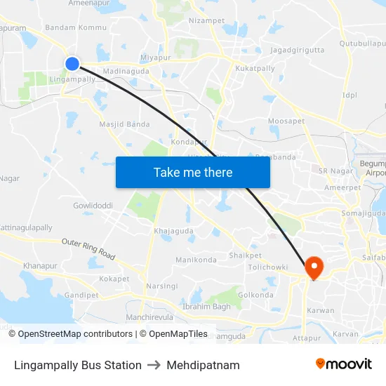 Lingampally Bus Station to Mehdipatnam map