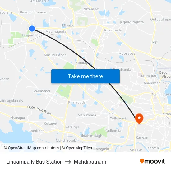 Lingampally Bus Station to Mehdipatnam map