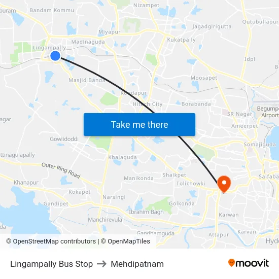 Lingampally Bus Stop to Mehdipatnam map