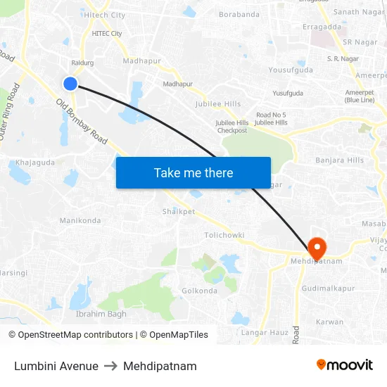 Lumbini Avenue to Mehdipatnam map