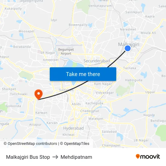 Malkajgiri Bus Stop to Mehdipatnam map