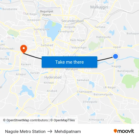 Nagole Metro Station to Mehdipatnam map