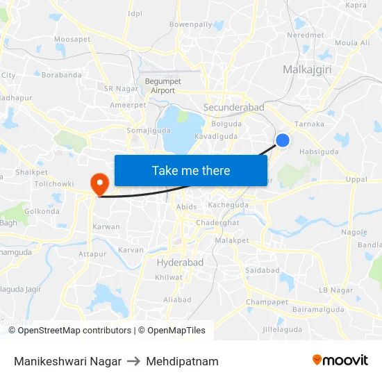 Manikeshwari Nagar to Mehdipatnam map