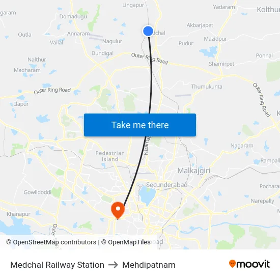 Medchal Railway Station to Mehdipatnam map
