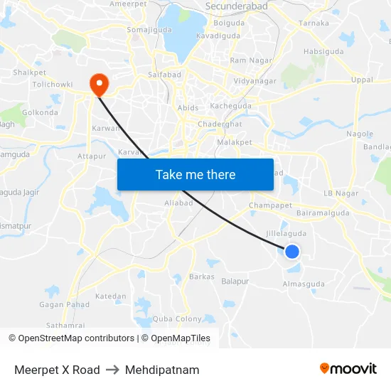 Meerpet X Road to Mehdipatnam map