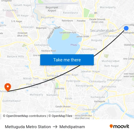 Mettuguda Metro Station to Mehdipatnam map