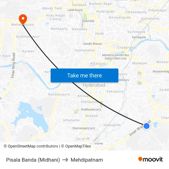 Pisala Banda (Midhani) to Mehdipatnam map