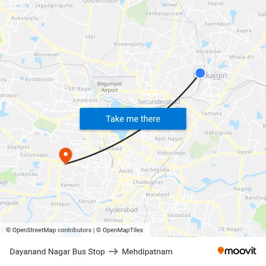 Dayanand Nagar Bus Stop to Mehdipatnam map