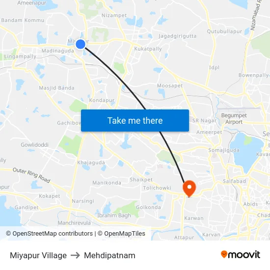 Miyapur Village to Mehdipatnam map