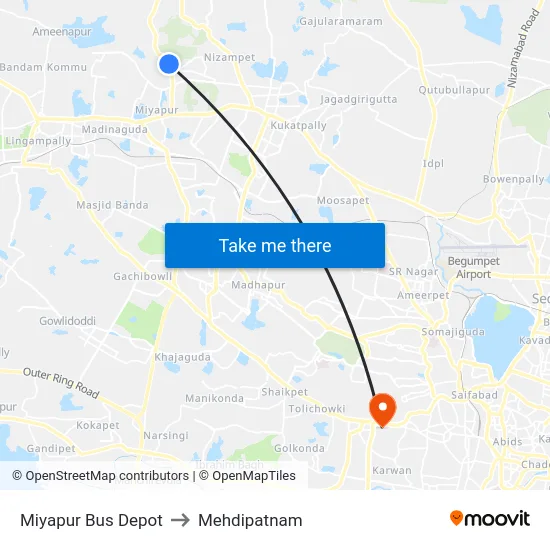 Miyapur Bus Depot to Mehdipatnam map
