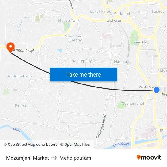 Mozamjahi Market to Mehdipatnam map