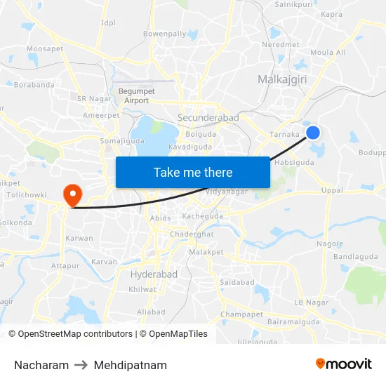 Nacharam to Mehdipatnam map