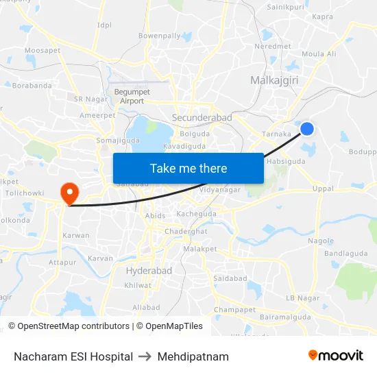 Nacharam ESI Hospital to Mehdipatnam map
