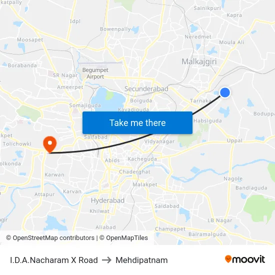 I.D.A.Nacharam X Road to Mehdipatnam map