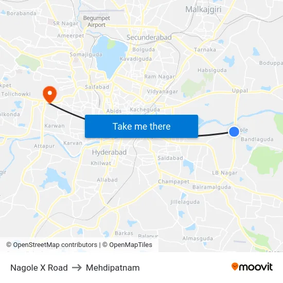 Nagole X Road to Mehdipatnam map