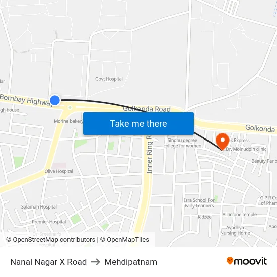 Nanal Nagar X Road to Mehdipatnam map