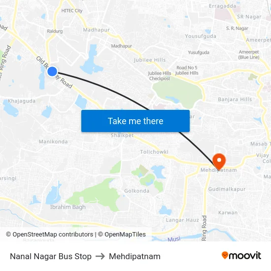 Nanal Nagar Bus Stop to Mehdipatnam map