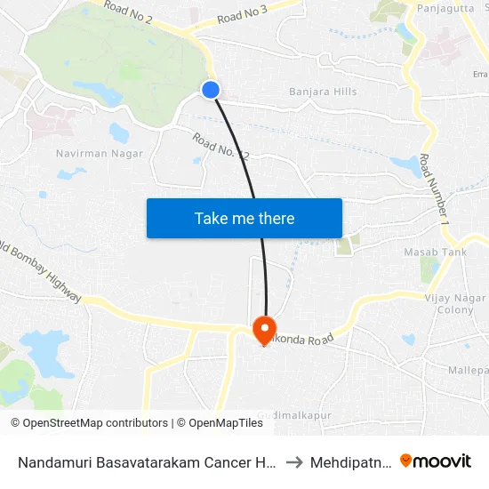 Nandamuri Basavatarakam Cancer Hospital to Mehdipatnam map