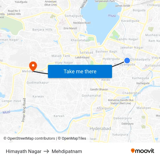 Himayath Nagar to Mehdipatnam map