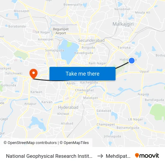 National Geophysical Research Institute (Ngri) to Mehdipatnam map