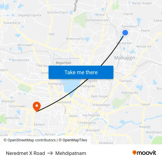 Neredmet X Road to Mehdipatnam map