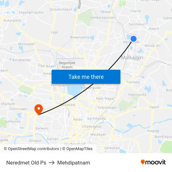 Neredmet Old Ps to Mehdipatnam map