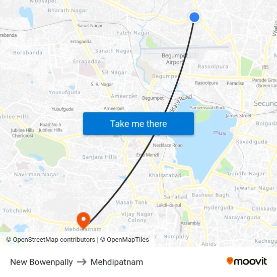 New Bowenpally to Mehdipatnam map