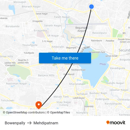 Bowenpally to Mehdipatnam map