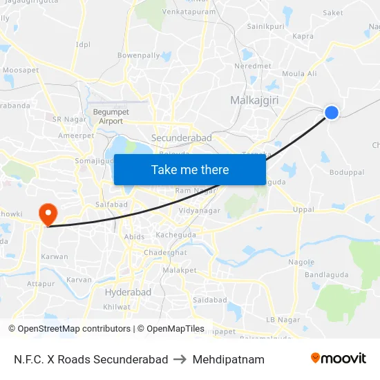 N.F.C. X Roads Secunderabad to Mehdipatnam map