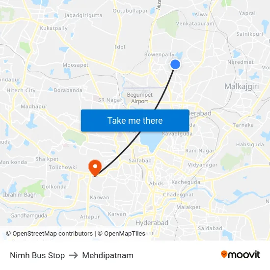 Nimh Bus Stop to Mehdipatnam map