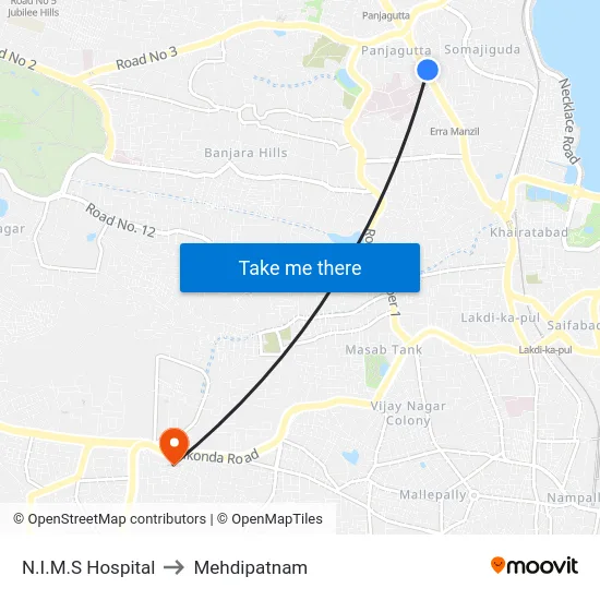 N.I.M.S Hospital to Mehdipatnam map