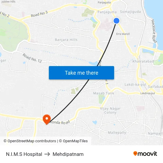 N.I.M.S Hospital to Mehdipatnam map