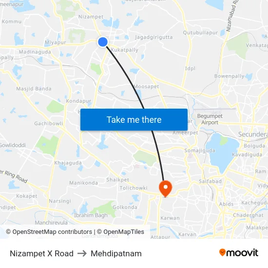 Nizampet X Road to Mehdipatnam map