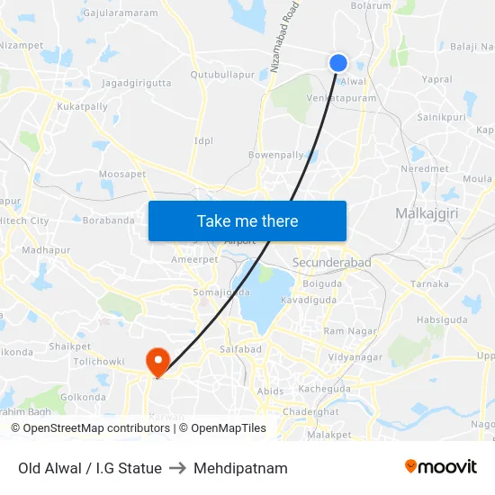 Old Alwal / I.G Statue to Mehdipatnam map