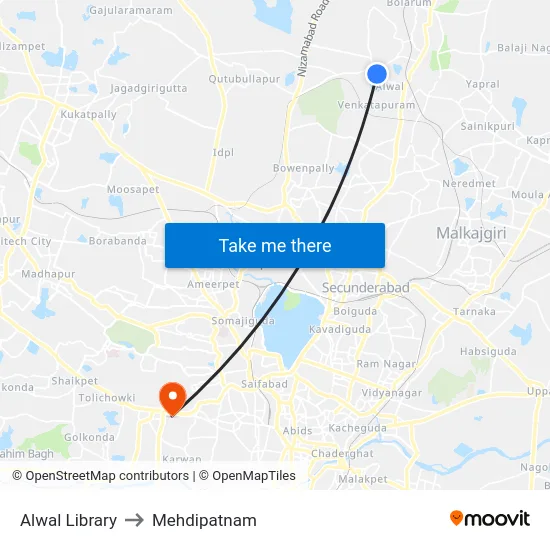 Alwal Library to Mehdipatnam map