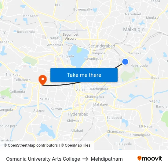 Osmania University Arts College to Mehdipatnam map
