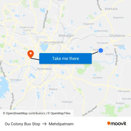 Ou Colony Bus Stop to Mehdipatnam map