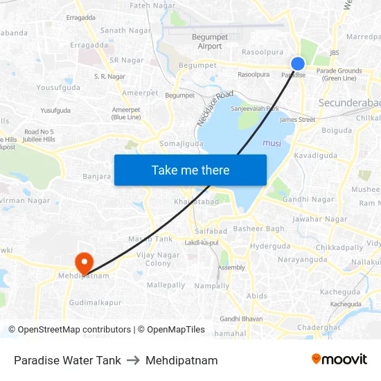 Paradise Water Tank to Mehdipatnam map