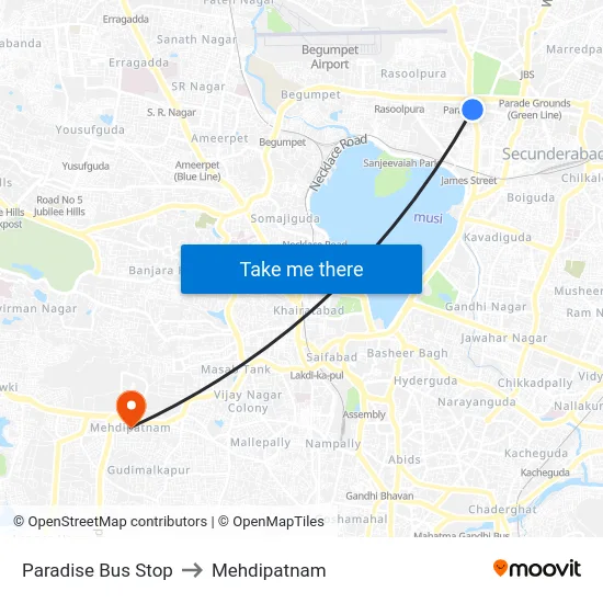 Paradise Bus Stop to Mehdipatnam map