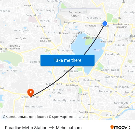 Paradise Metro Station to Mehdipatnam map