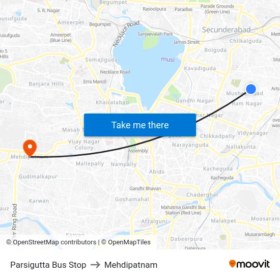 Parsigutta Bus Stop to Mehdipatnam map