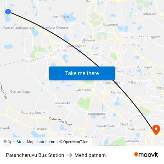 Patancheruvu Bus Station to Mehdipatnam map
