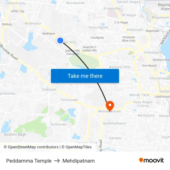 Peddamma Temple to Mehdipatnam map