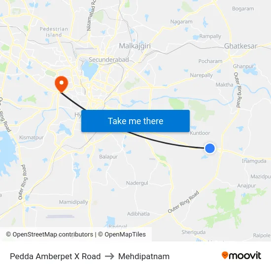 Pedda Amberpet X Road to Mehdipatnam map