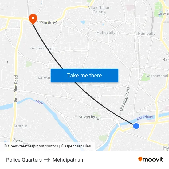 Police Quarters to Mehdipatnam map