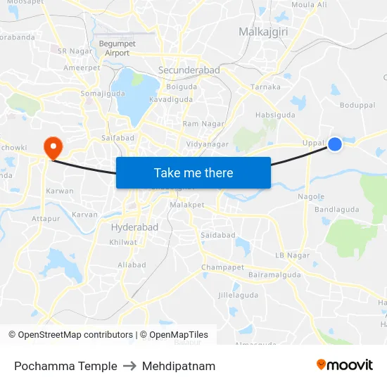 Pochamma Temple to Mehdipatnam map