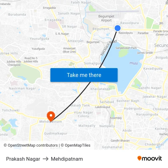 Prakash Nagar to Mehdipatnam map