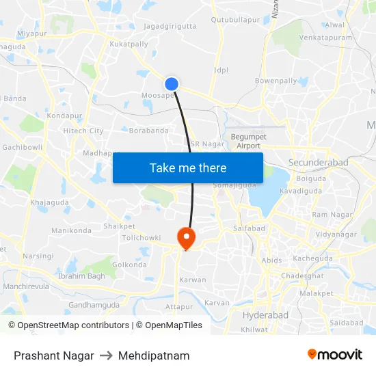 Prashant Nagar to Mehdipatnam map