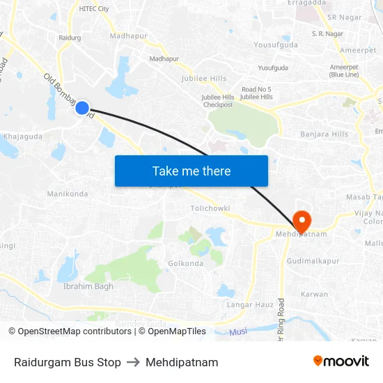 Raidurgam Bus Stop to Mehdipatnam map